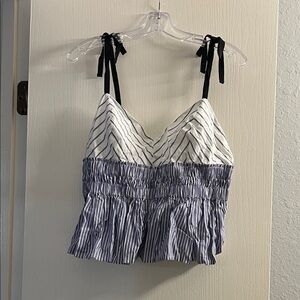 Express Striped Smocked Cami Top - White & Navy with Black Ties